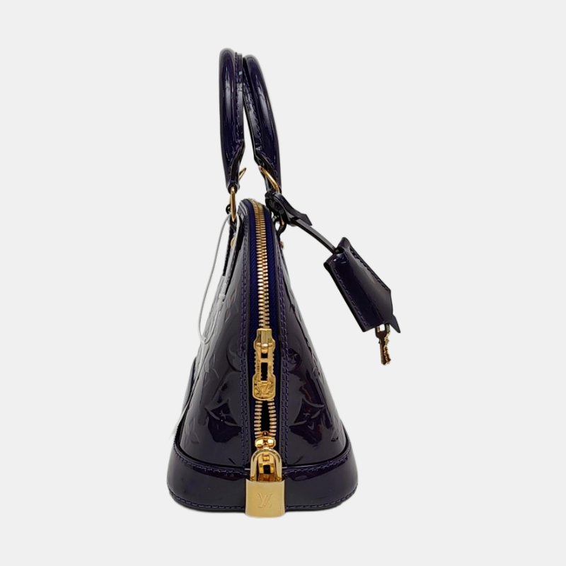 LOUIS VUITTON ALMA BB 紫色漆皮老花壓紋貝殼包斜挎包手提包單肩包銀色五金可拆卸肩帶-3