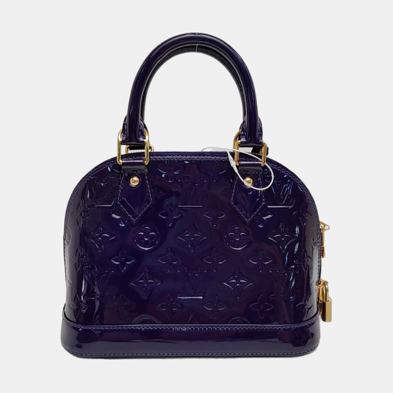 LOUIS VUITTON ALMA BB 紫色漆皮老花壓紋貝殼包斜挎包手提包單肩包銀色五金可拆卸肩帶-4