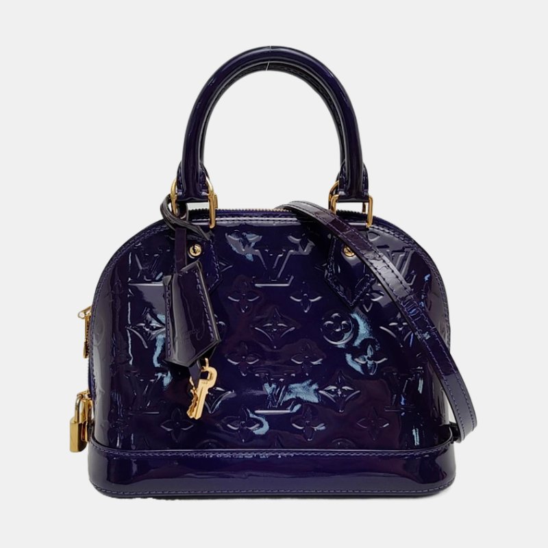 LOUIS VUITTON ALMA BB 紫色漆皮老花壓紋貝殼包斜挎包手提包單肩包銀色五金可拆卸肩帶-7
