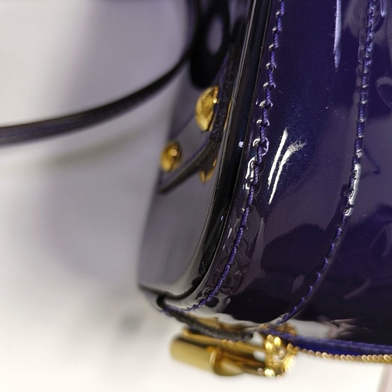 LOUIS VUITTON ALMA BB 紫色漆皮老花壓紋貝殼包斜挎包手提包單肩包銀色五金可拆卸肩帶-14