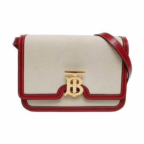 BURBERRY TB小號白色帆布單肩包金色五金可拆卸肩帶