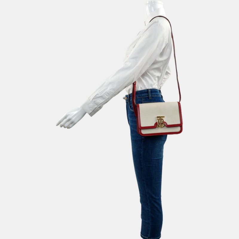 BURBERRY TB小號白色帆布單肩包金色五金可拆卸肩帶-1