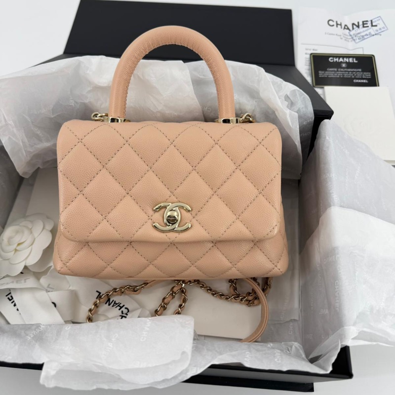 Chanel Caviar Leather Quilted Light Beige Pink Mini Coco Handle Flap Bag-11