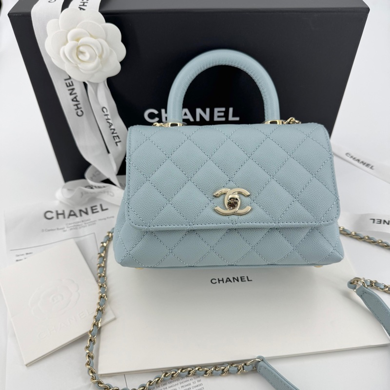 Chanel 2022 Caviar Leather Light Blue Quilted Mini Coco Handle Flap Bag with Champagne-gold toned Hardware-0