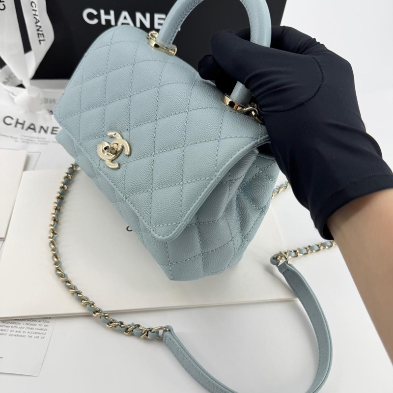 Chanel 2022 Caviar Leather Light Blue Quilted Mini Coco Handle Flap Bag with Champagne-gold toned Hardware-2