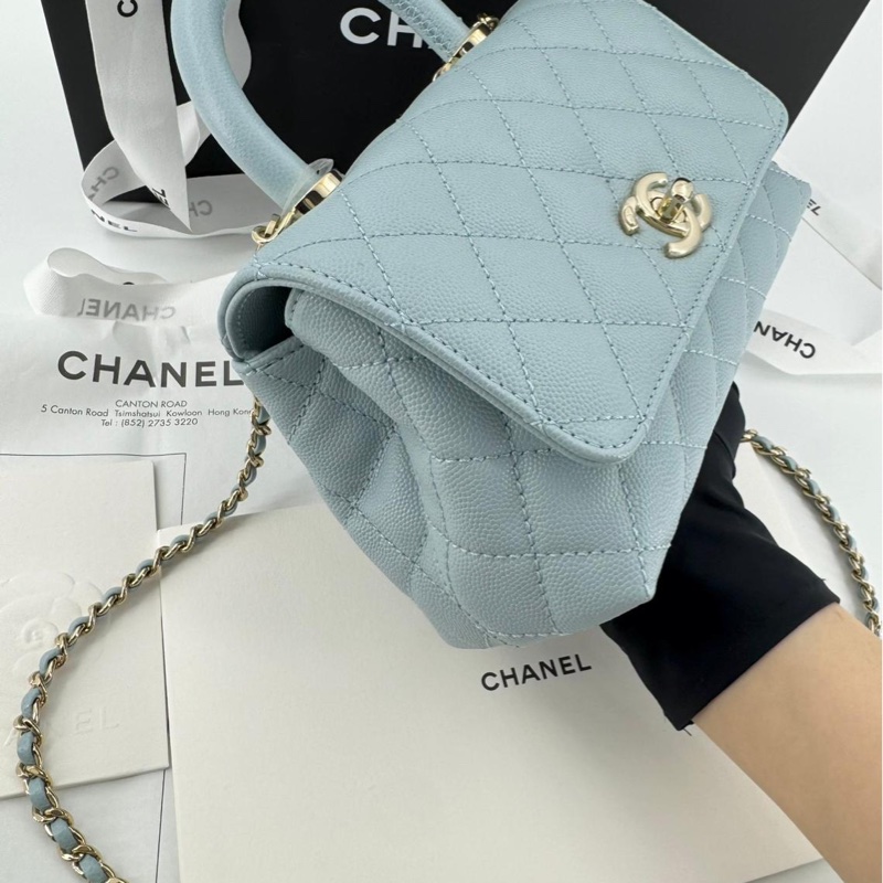 Chanel 2022 Caviar Leather Light Blue Quilted Mini Coco Handle Flap Bag with Champagne-gold toned Hardware-3