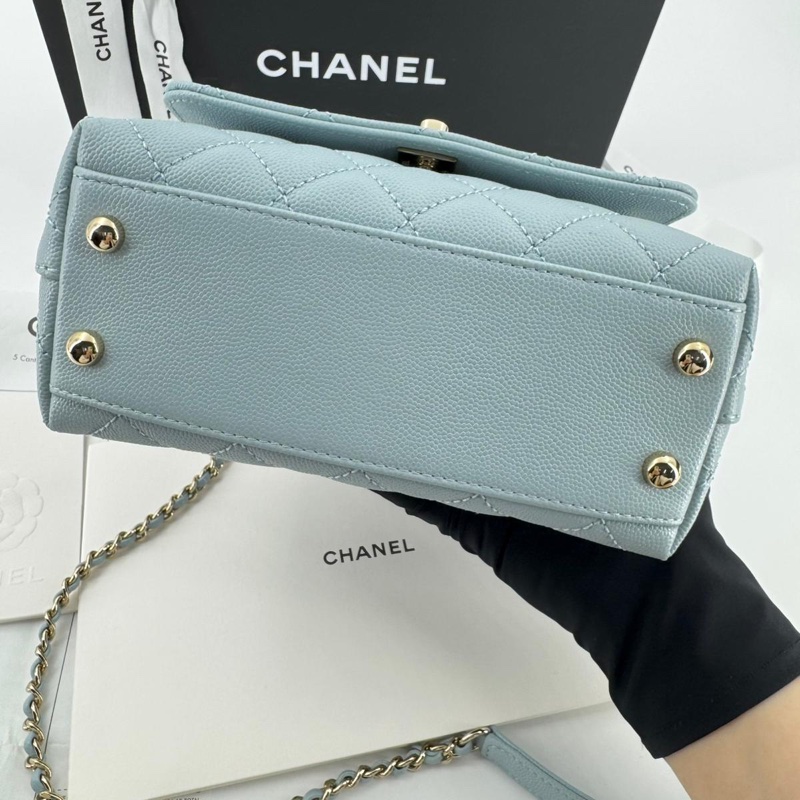 Chanel 2022 Caviar Leather Light Blue Quilted Mini Coco Handle Flap Bag with Champagne-gold toned Hardware-4