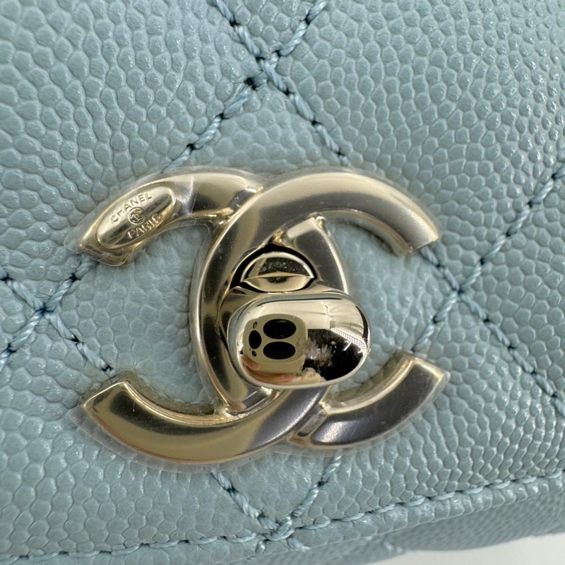 Chanel 2022 Caviar Leather Light Blue Quilted Mini Coco Handle Flap Bag with Champagne-gold toned Hardware-12