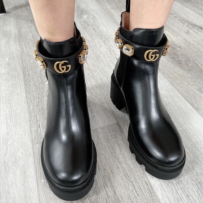 閒置新,未使用Gucci 古馳 marmont 爆款全皮馬丁靴 短靴 一圈大水鑽 女款 黑色 尺碼:35碼 附件:塵袋。一-4