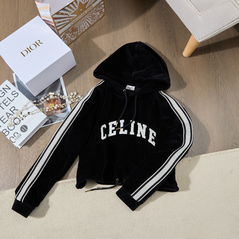 ❤️CELINE 短款 Logo 絲絨材質 連帽衫-3