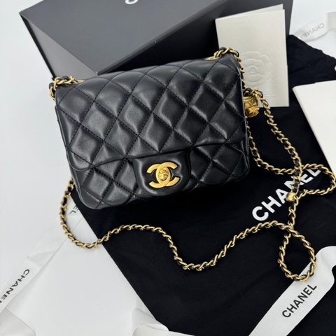 Chanel 2021 Lambskin Quilted Black Gold Ball Mini 17 Flap Bag