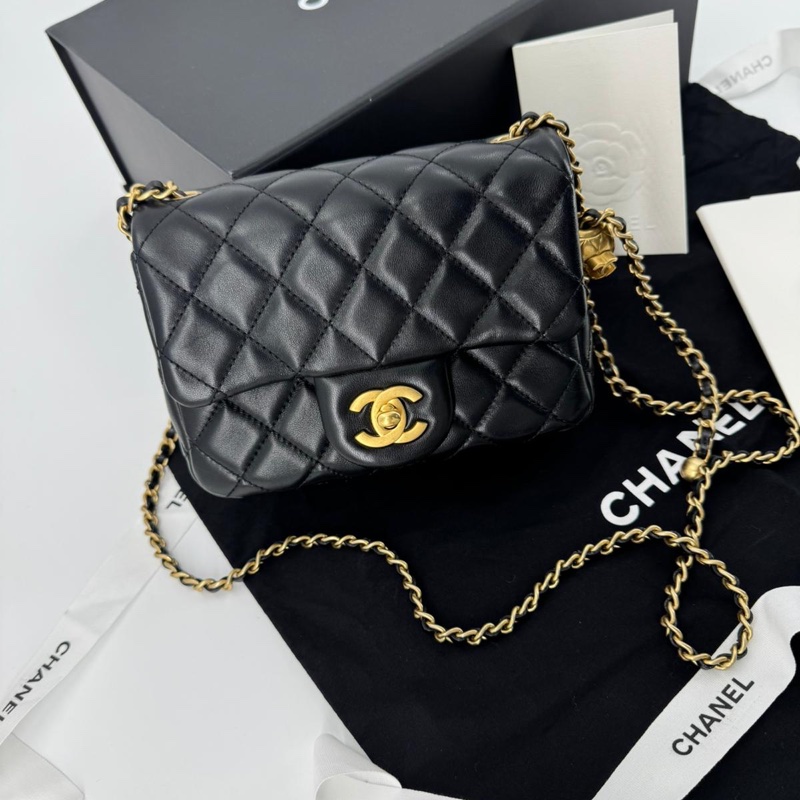 Chanel 2021 Lambskin Quilted Black Gold Ball Mini 17 Flap Bag-0