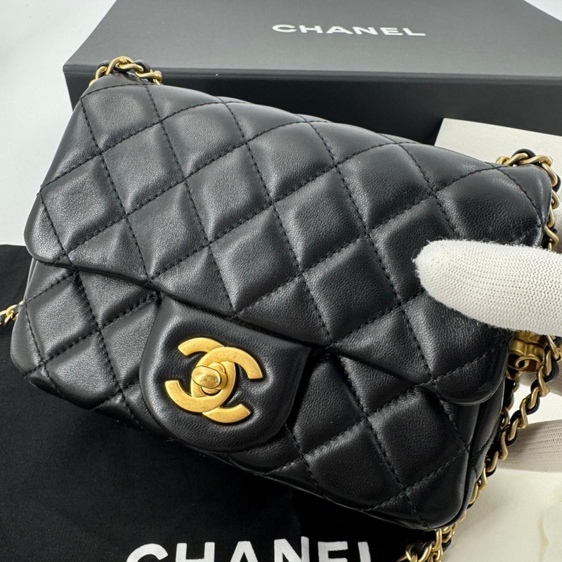 Chanel 2021 Lambskin Quilted Black Gold Ball Mini 17 Flap Bag-1