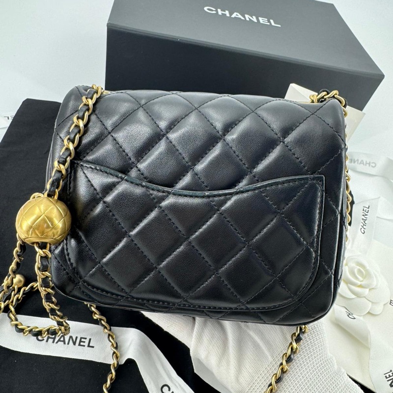 Chanel 2021 Lambskin Quilted Black Gold Ball Mini 17 Flap Bag-2