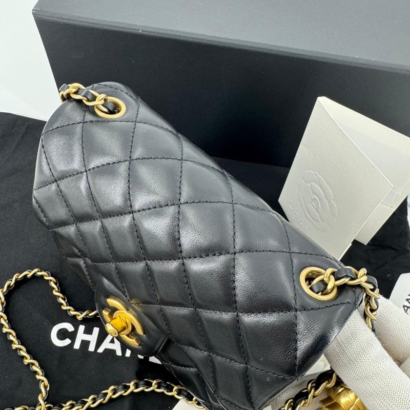 Chanel 2021 Lambskin Quilted Black Gold Ball Mini 17 Flap Bag-6