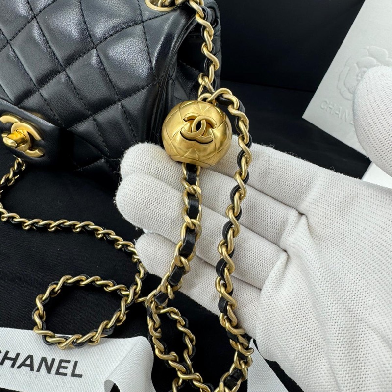 Chanel 2021 Lambskin Quilted Black Gold Ball Mini 17 Flap Bag-7