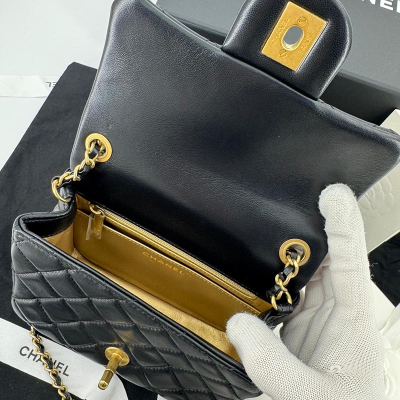 Chanel 2021 Lambskin Quilted Black Gold Ball Mini 17 Flap Bag-9