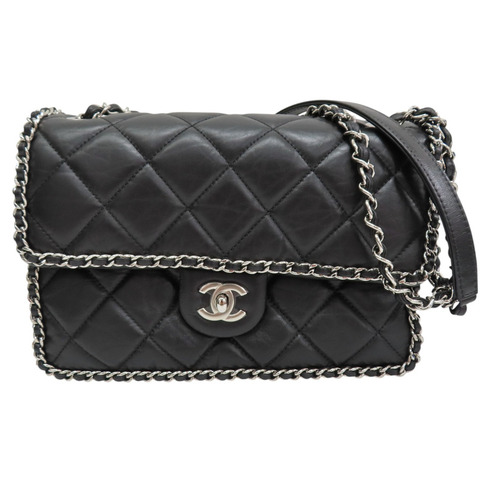 黑色 菱格紋 牛皮 鏈帶肩背包 銀釦【CHANEL 香奈兒】 AS1672