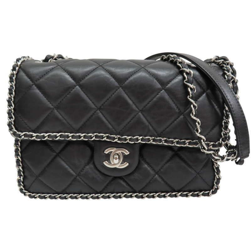 黑色 菱格紋 牛皮 鏈帶肩背包 銀釦【CHANEL 香奈兒】 AS1672-0