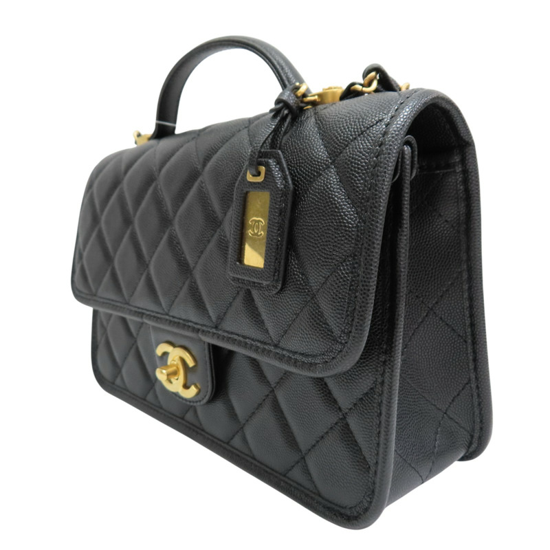 黑色 菱格紋 荔枝牛皮 手把口蓋包 鏈帶肩背包 金釦【CHANEL 香奈兒】 AS3653-2
