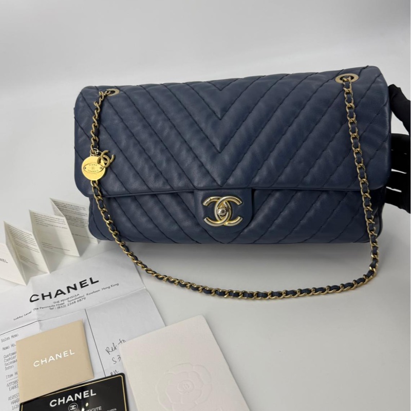 Chanel (12) Lambskin Chevron Medallion Charm Dark Blue Jumbo Classic Flap Bag with Gold Hardware-0