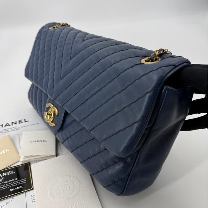 Chanel (12) Lambskin Chevron Medallion Charm Dark Blue Jumbo Classic Flap Bag with Gold Hardware-2