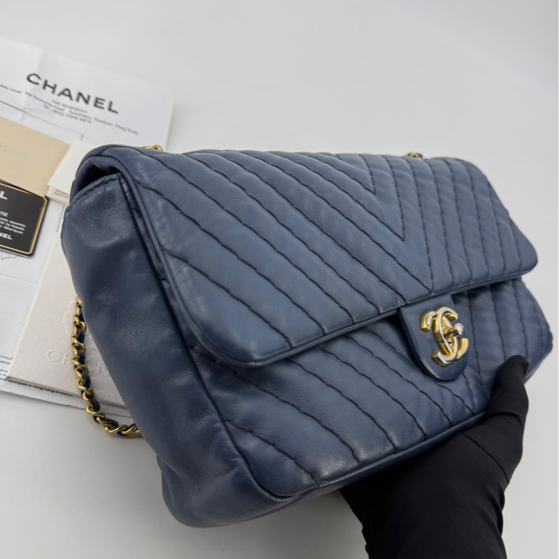 Chanel (12) Lambskin Chevron Medallion Charm Dark Blue Jumbo Classic Flap Bag with Gold Hardware-3
