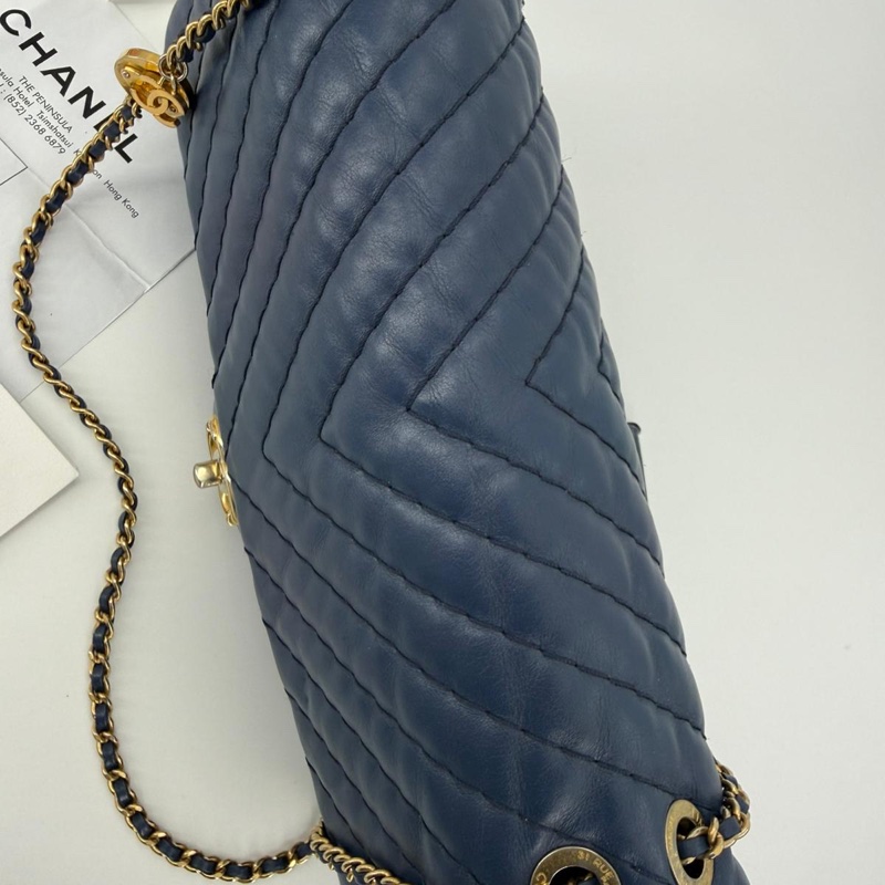 Chanel (12) Lambskin Chevron Medallion Charm Dark Blue Jumbo Classic Flap Bag with Gold Hardware-5