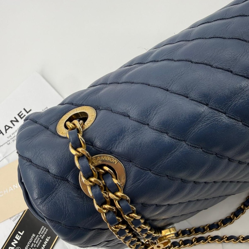 Chanel (12) Lambskin Chevron Medallion Charm Dark Blue Jumbo Classic Flap Bag with Gold Hardware-7