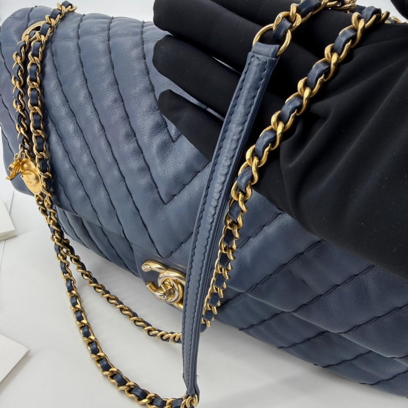 Chanel (12) Lambskin Chevron Medallion Charm Dark Blue Jumbo Classic Flap Bag with Gold Hardware-8