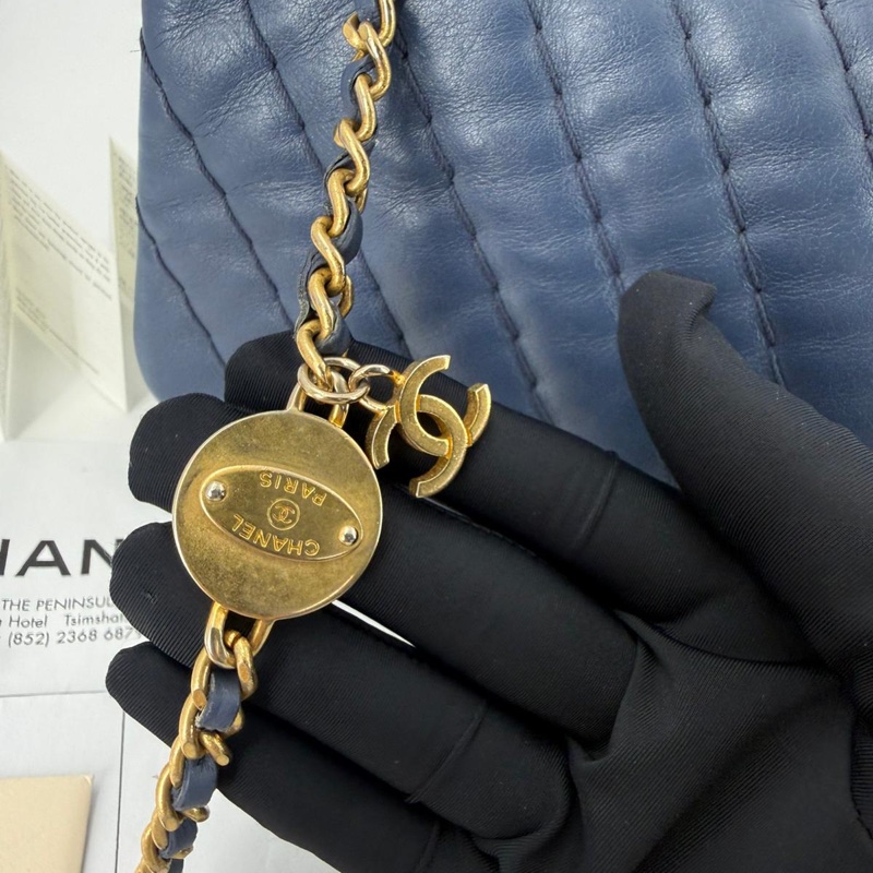 Chanel (12) Lambskin Chevron Medallion Charm Dark Blue Jumbo Classic Flap Bag with Gold Hardware-9