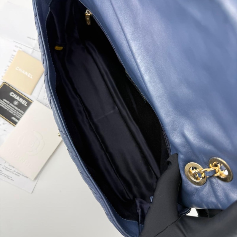 Chanel (12) Lambskin Chevron Medallion Charm Dark Blue Jumbo Classic Flap Bag with Gold Hardware-10