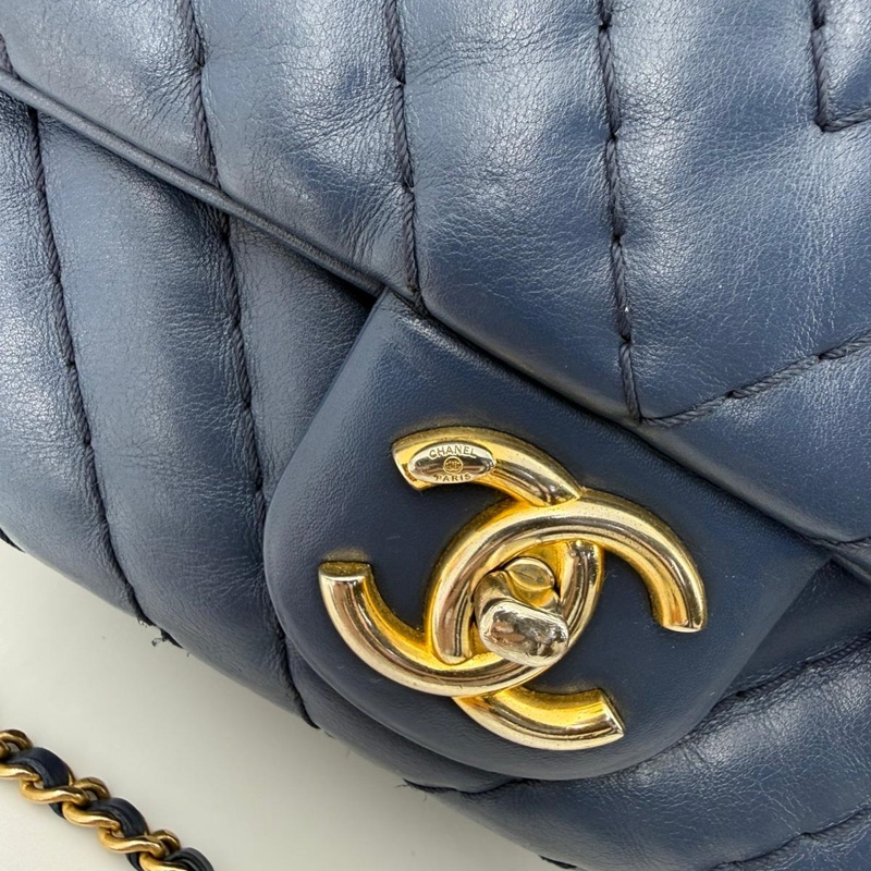 Chanel (12) Lambskin Chevron Medallion Charm Dark Blue Jumbo Classic Flap Bag with Gold Hardware-14