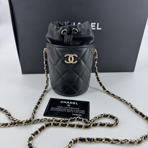 Chanel (21) Lambskin Quilted Black Mini Bucket Bag with Gold Hardware