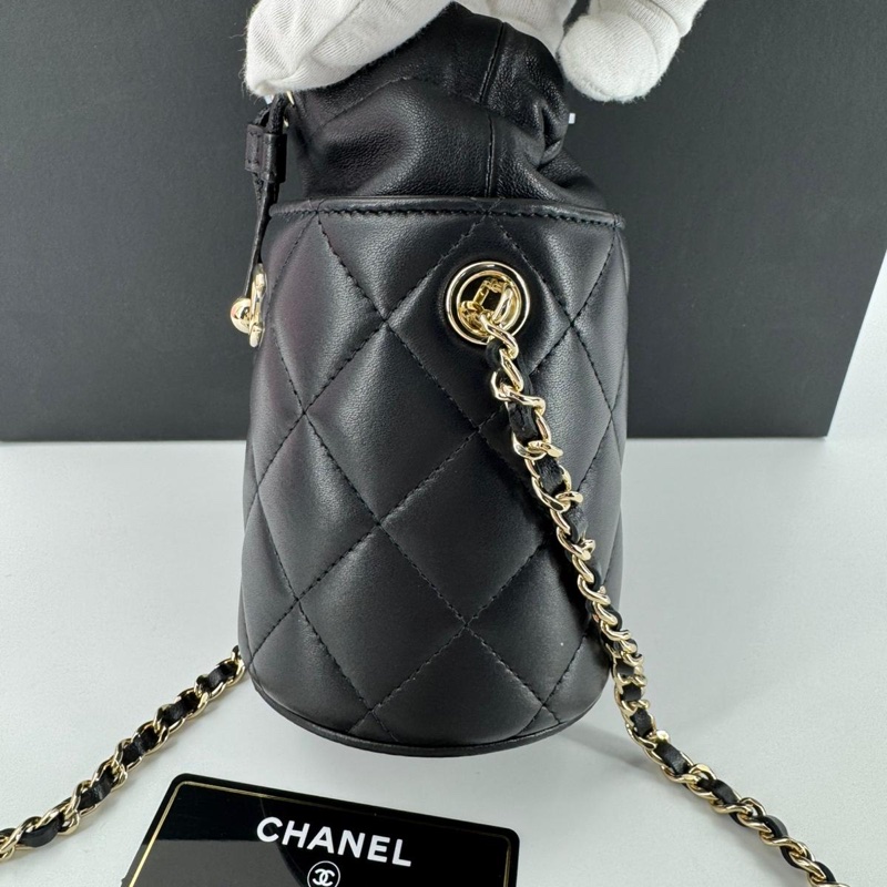 Chanel (21) Lambskin Quilted Black Mini Bucket Bag with Gold Hardware-3