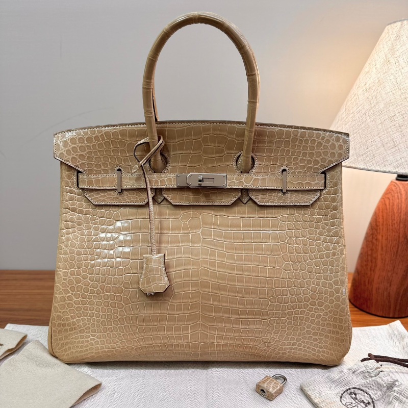 HERMES birkin35塵埃色倒V鰐魚手提包35*28*18 98新配件塵袋鎖鑰匙-1