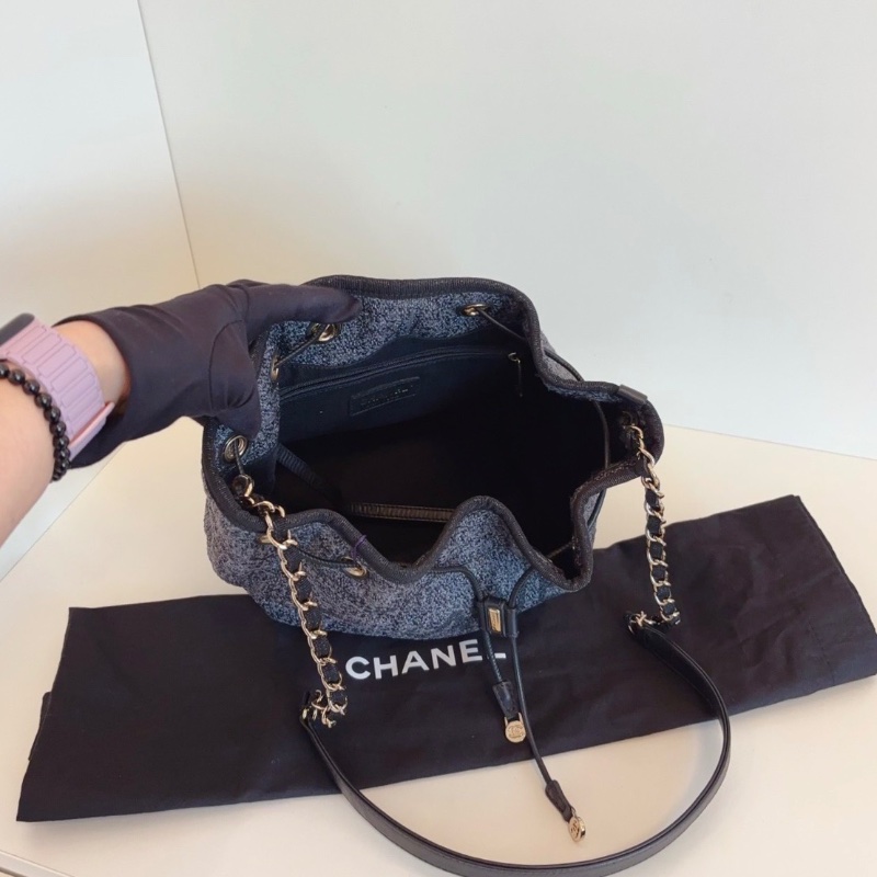Chanel 沙灘系列抽繩水桶包 黑白灰針織黑配皮金扣22*25*16  98新配件塵袋-2