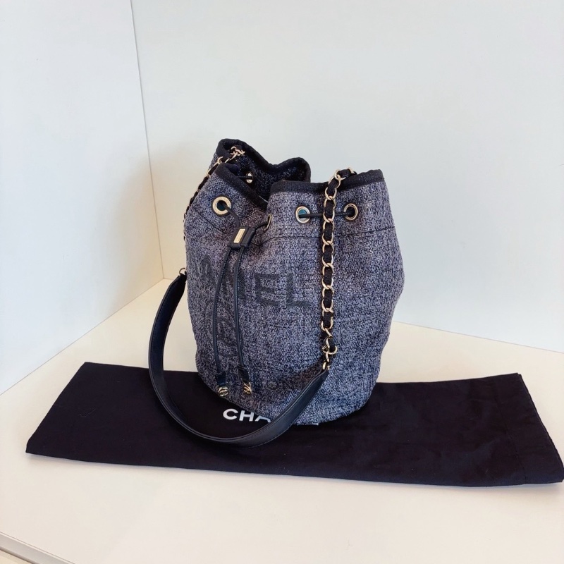 Chanel 沙灘系列抽繩水桶包 黑白灰針織黑配皮金扣22*25*16  98新配件塵袋-3