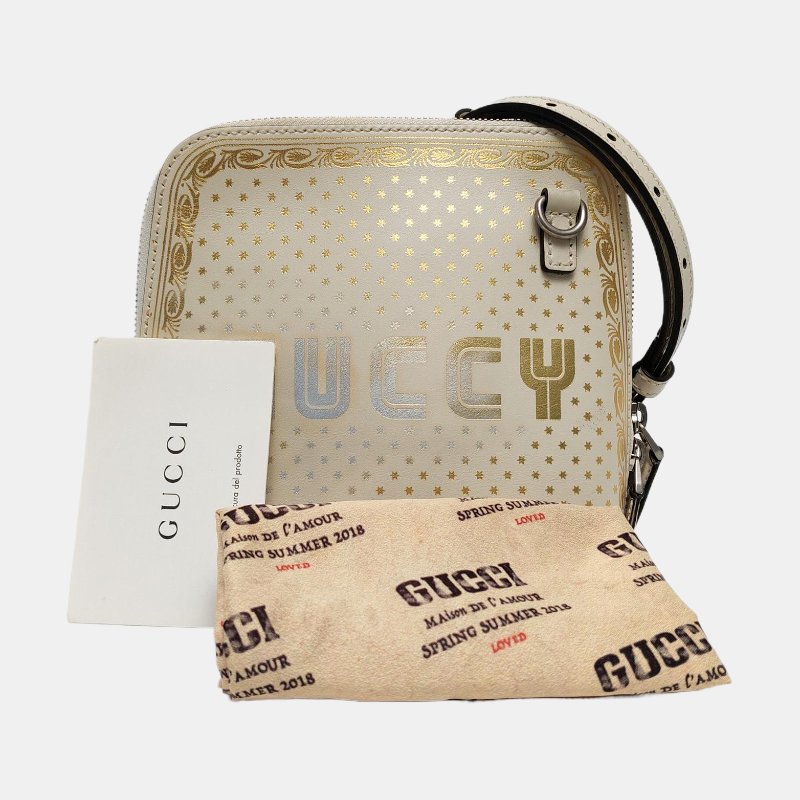 GUCCI Gucci X Sega迷你白色牛皮印花單肩包斜挎包銀色五金可拆卸肩帶-7