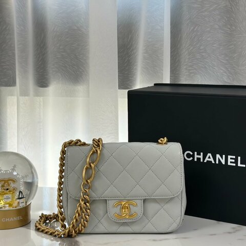 CHANEL 23S雙鍊單肩方胖 - 淺灰藍金