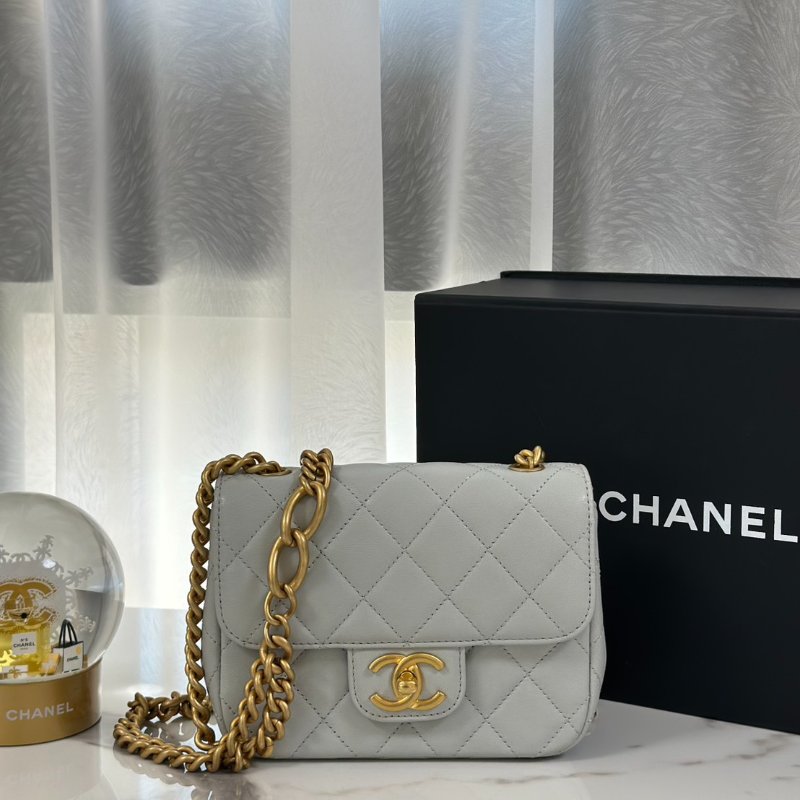 CHANEL 23S雙鍊單肩方胖 - 淺灰藍金-0