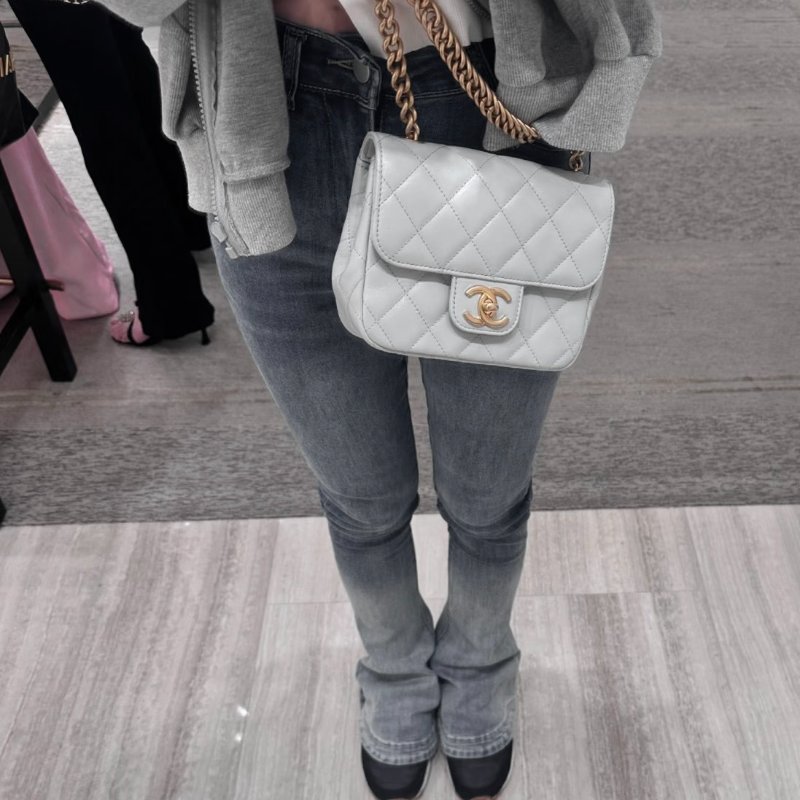 CHANEL 23S雙鍊單肩方胖 - 淺灰藍金-1