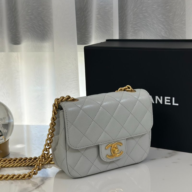 CHANEL 23S雙鍊單肩方胖 - 淺灰藍金-2