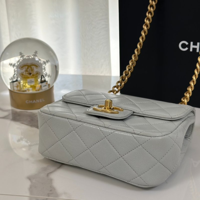 CHANEL 23S雙鍊單肩方胖 - 淺灰藍金-5