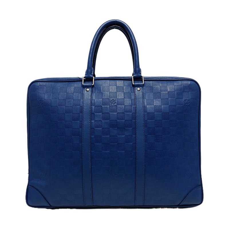 LOUIS VUITTON PORTE-DOCUMENTS藍色牛皮棋盤格手提包銀色五金-0
