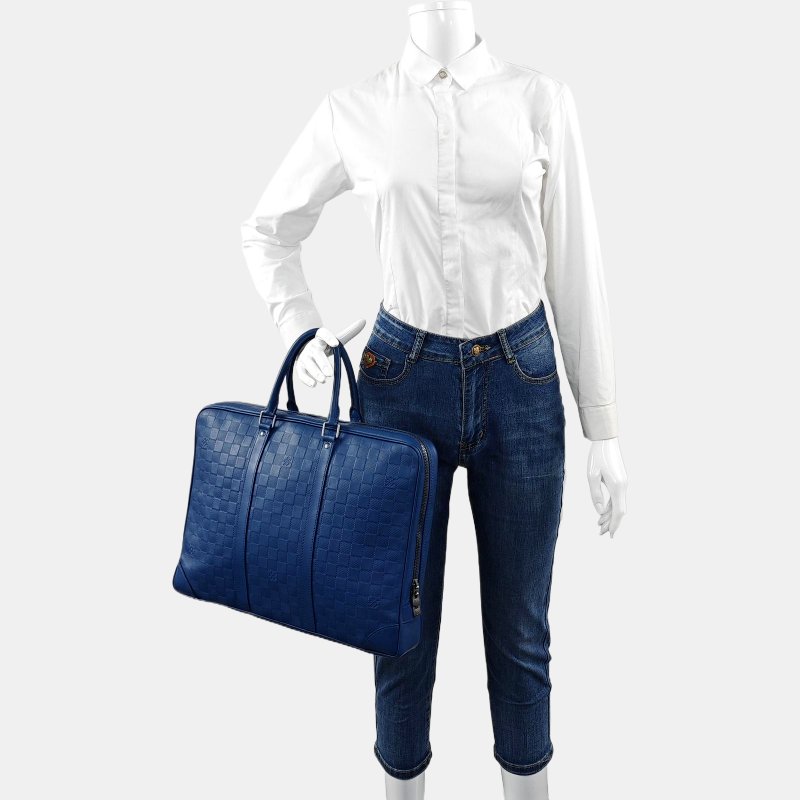 LOUIS VUITTON PORTE-DOCUMENTS藍色牛皮棋盤格手提包銀色五金-1