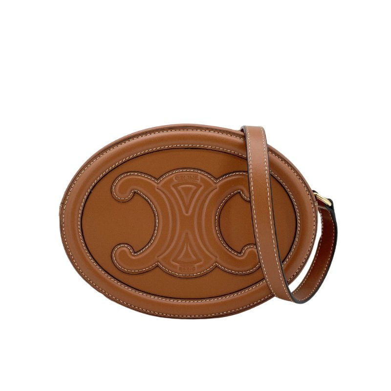 Celine 展示品 Cuir Triomphe Oval 牛皮斜背手袋(黃褐色)-0