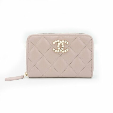 Chanel 菱格牛皮珍珠logo拉鍊零錢包(AP3811-粉)