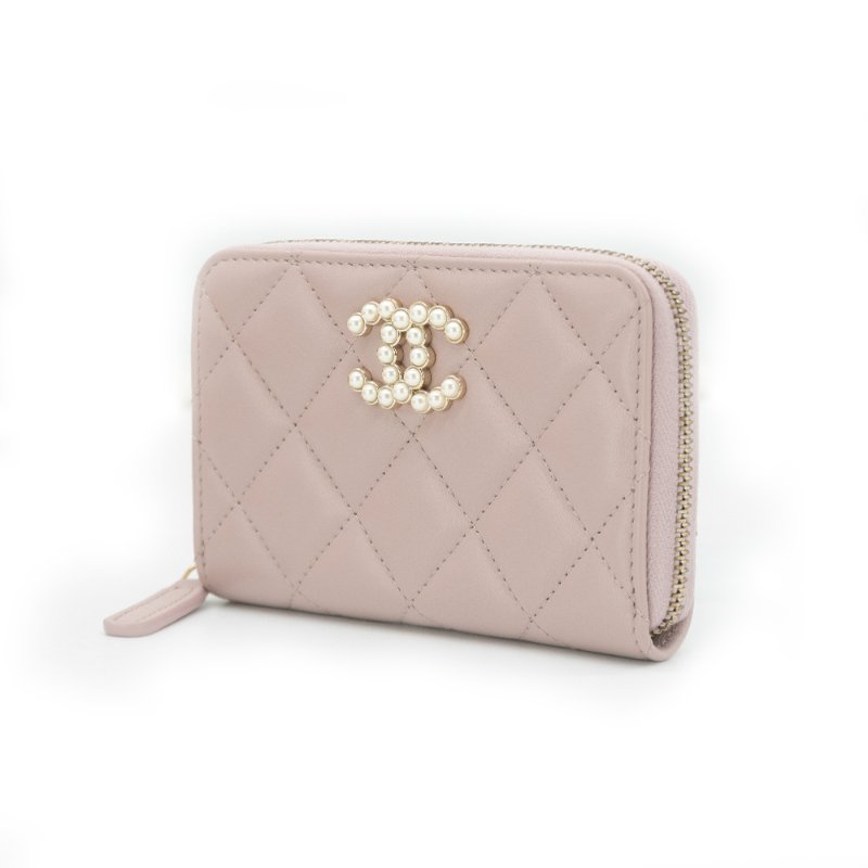 Chanel 菱格牛皮珍珠logo拉鍊零錢包(AP3811-粉)-1