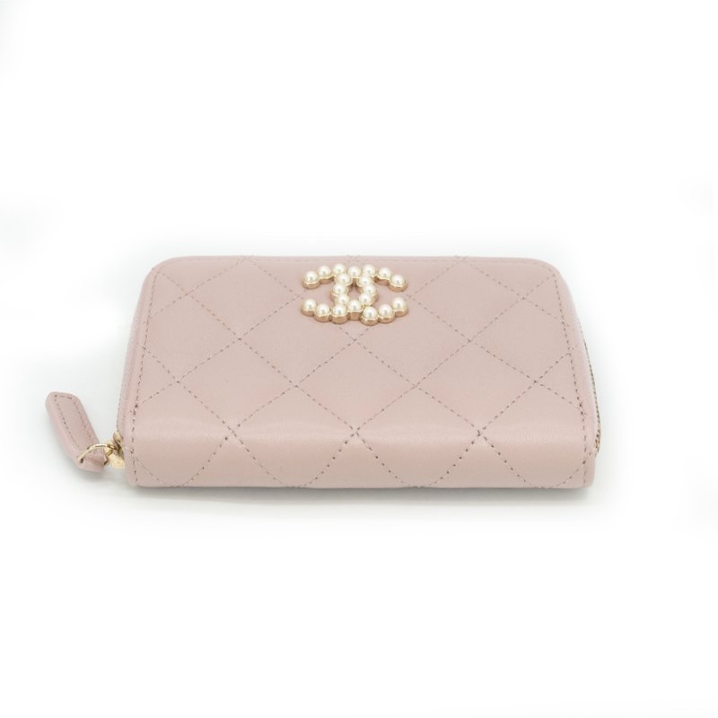 Chanel 菱格牛皮珍珠logo拉鍊零錢包(AP3811-粉)-3